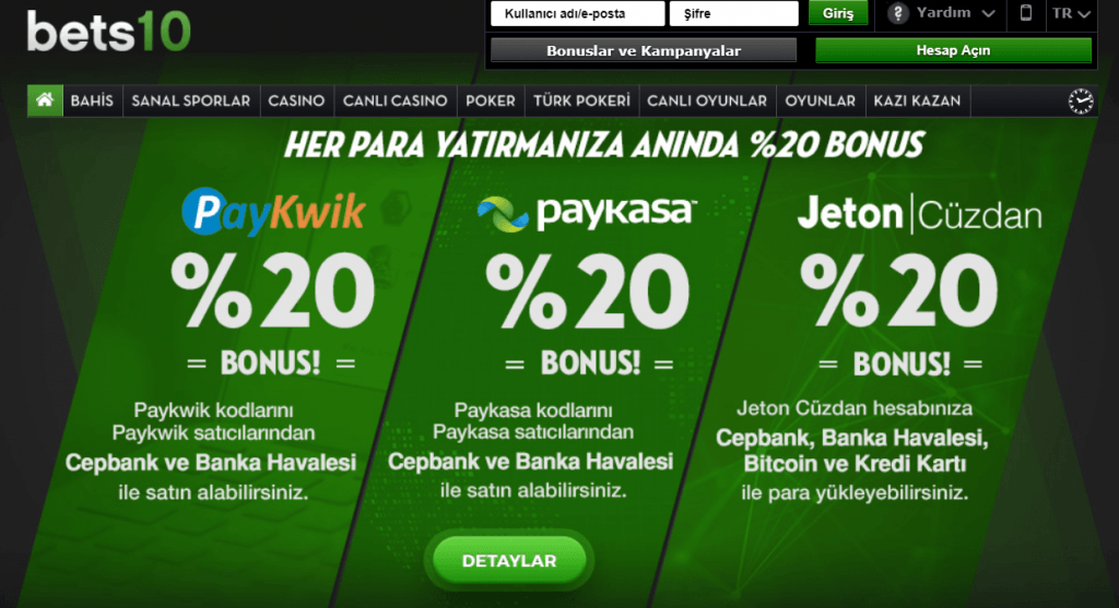 Bets10 dan Yüzde 20 Para Yatırma Bonusları